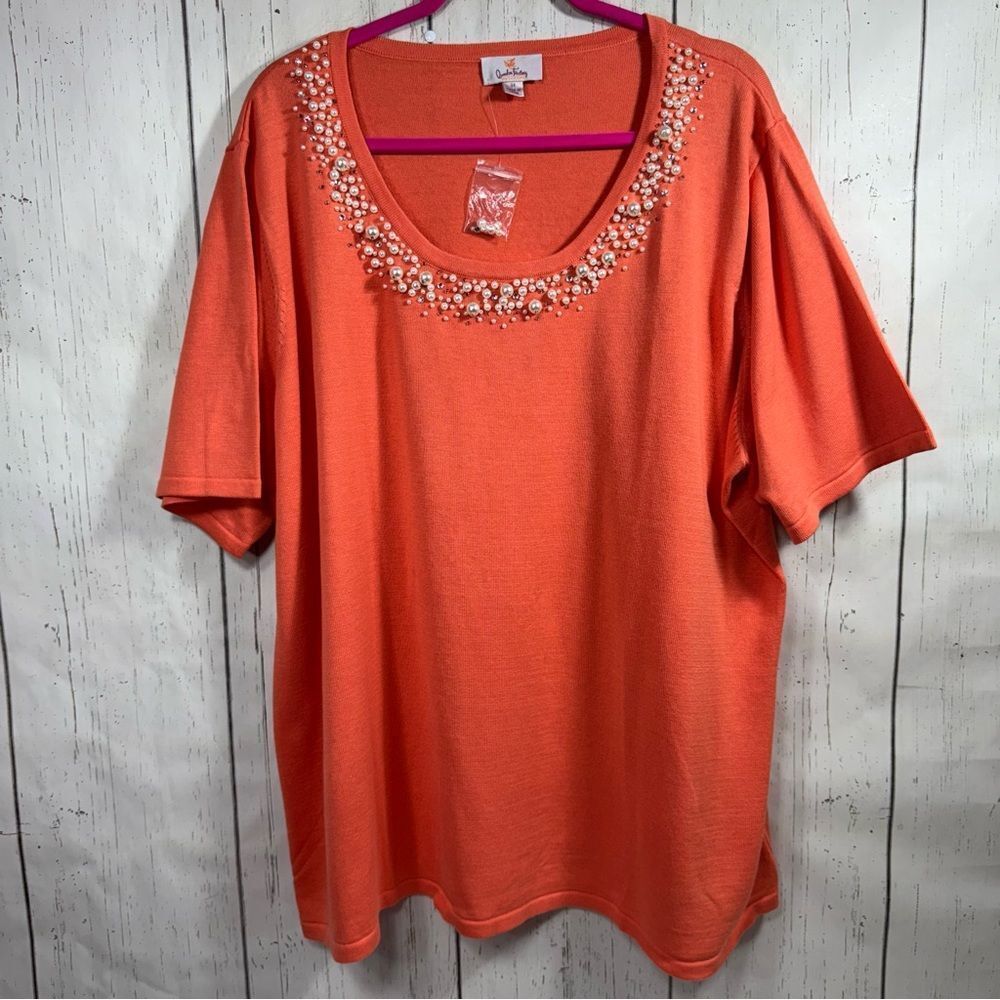 Quacker Factory Coral Embellished Knit Top 3X Pearl Beaded Coastal Grandma Comfy